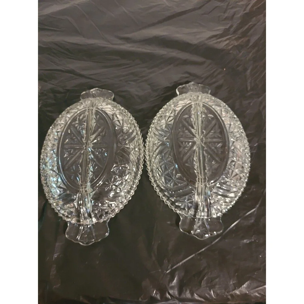 (2) MCM Vintage Anchor Hocking Pressed Glass Crystal Relish Serving Dishes Trays